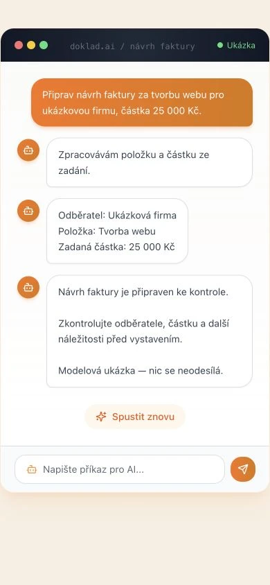 Modelová ukázka rozhraní Doklad.ai. Firma, zadání i částky jsou smyšlené.